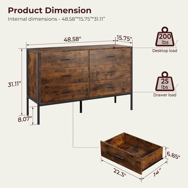 Rustic Wood Dresser with 6 Drawers, Wide 48'' Brown TV Stand with Storage