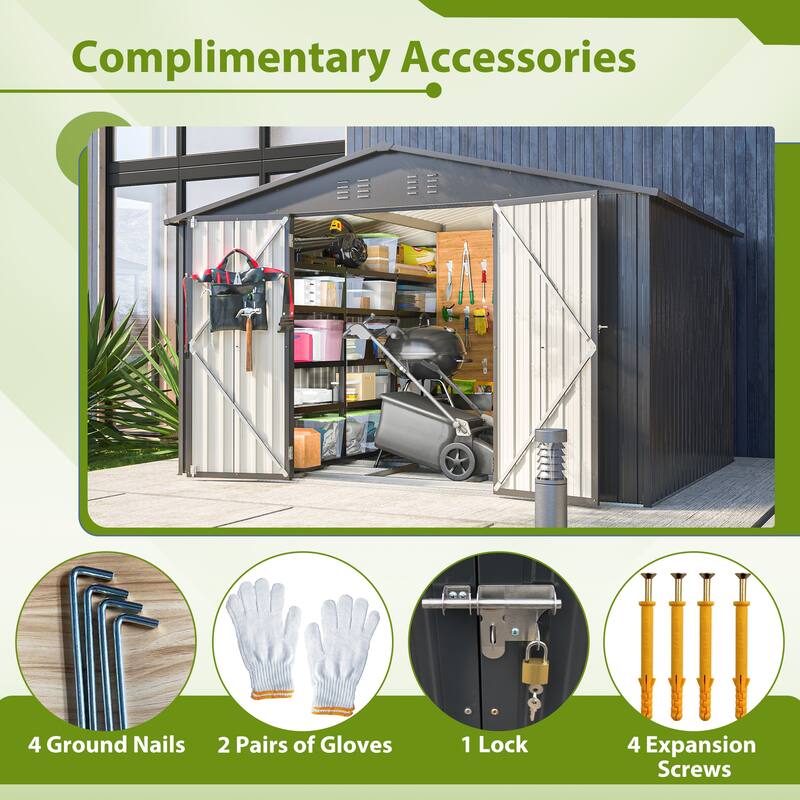 GDFStudio - Genevieve 10X8 FT Outdoor Metal Storage Shed with Lockable Doors for Garden and Backyard Organization - 10X8 FT