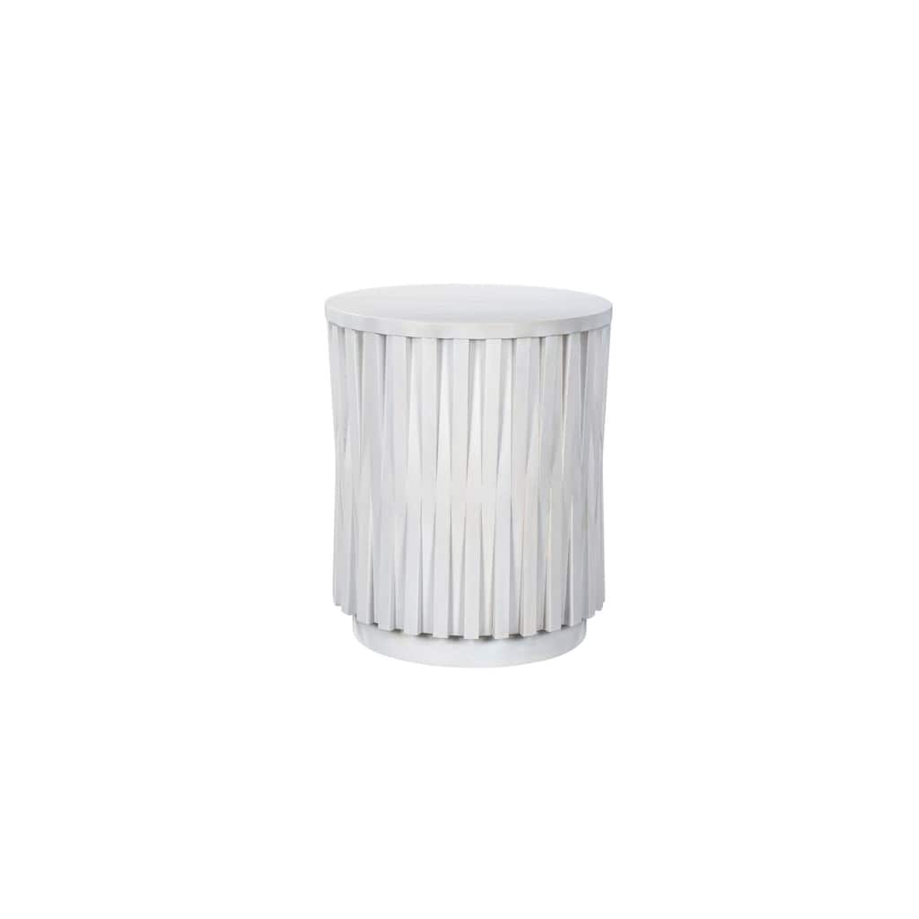 20" White Wooden Coffee Table - Round Shape Hi-Lo Vertical Woven Slats Handcrafted Accent Table