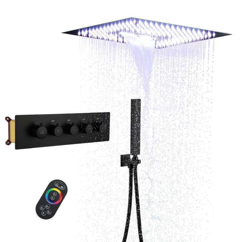 4 Functions Shower System with Multi-Function Remote Control 64 Color Lights - Matte Black