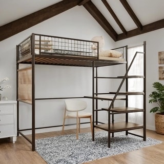 Twin Loft Metal Bed w/ Built-in Desk & Charging Station