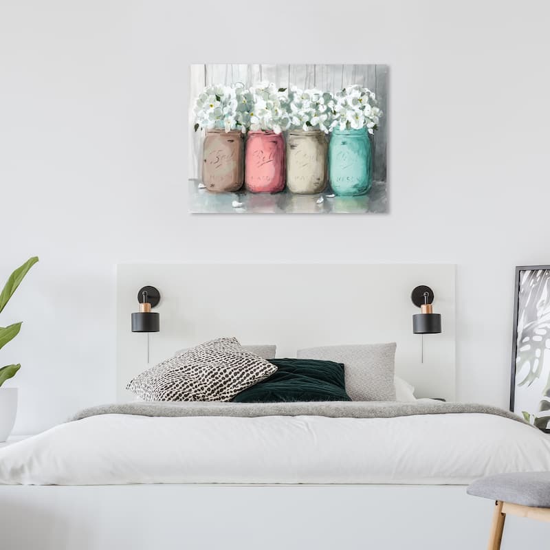 Wynwood Studio Canvas Floral and Botanical Mason Jar Turquoise White and Pastel Pink Rustic Wall Art Canvas Print - 24 x 36