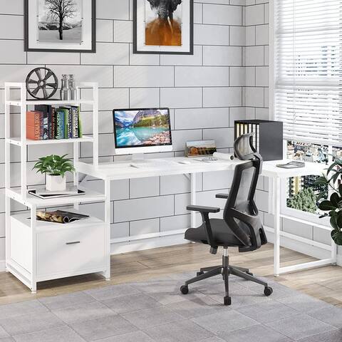 85.4" L-Shaped Desk with File Drawer Reversible Desk with 3-Tier Shelf