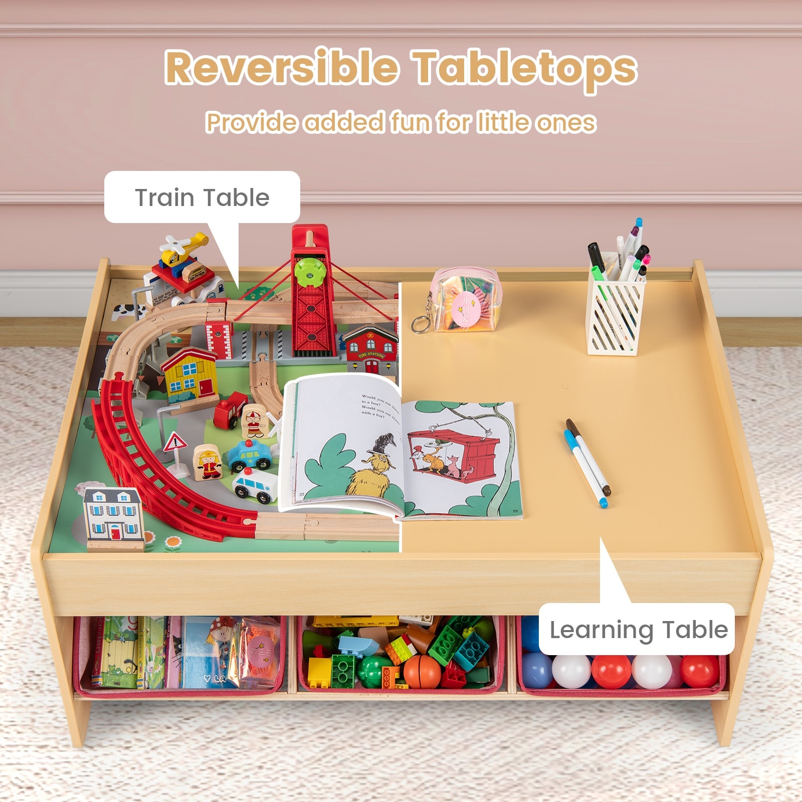 Gymax 94 PCS Wooden Train Set Table w/Reversible Tabletops 3