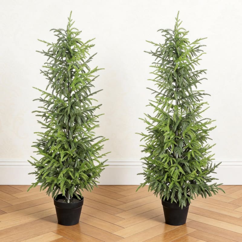 4" Artificial Real Touch Pine Tree in Black Plastic Pot, 2pc/set