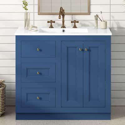 Bathroom Vanity with Ceramic Sink, Solid Wood Bathroom Storage Cabinet, Vanity Set with 2 Drawers & Double Door