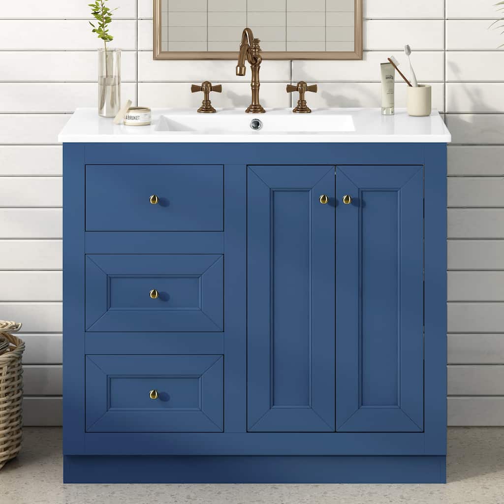 Roomfitters 36" Vanity with Ceramic Sink, Freestanding Cabinet with 2 Drawers and Shelf, Solid Wood and MDF Structure, Blue