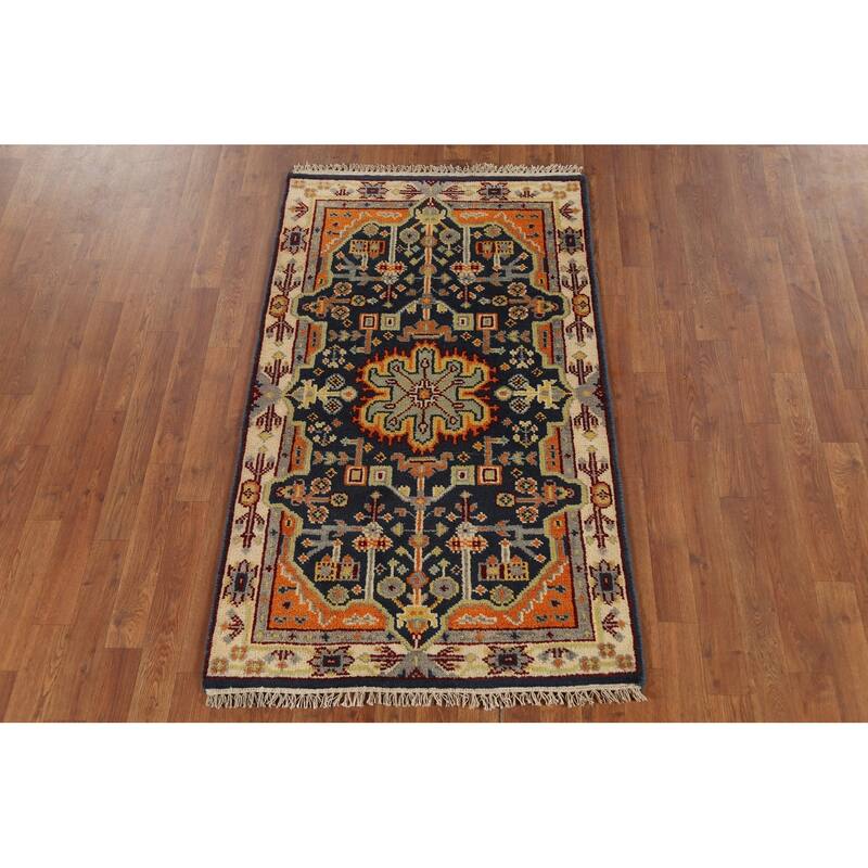 Blue Geometric Kazak Indian Accent Rug Handmade Wool Carpet - 2'11"x 5'0"