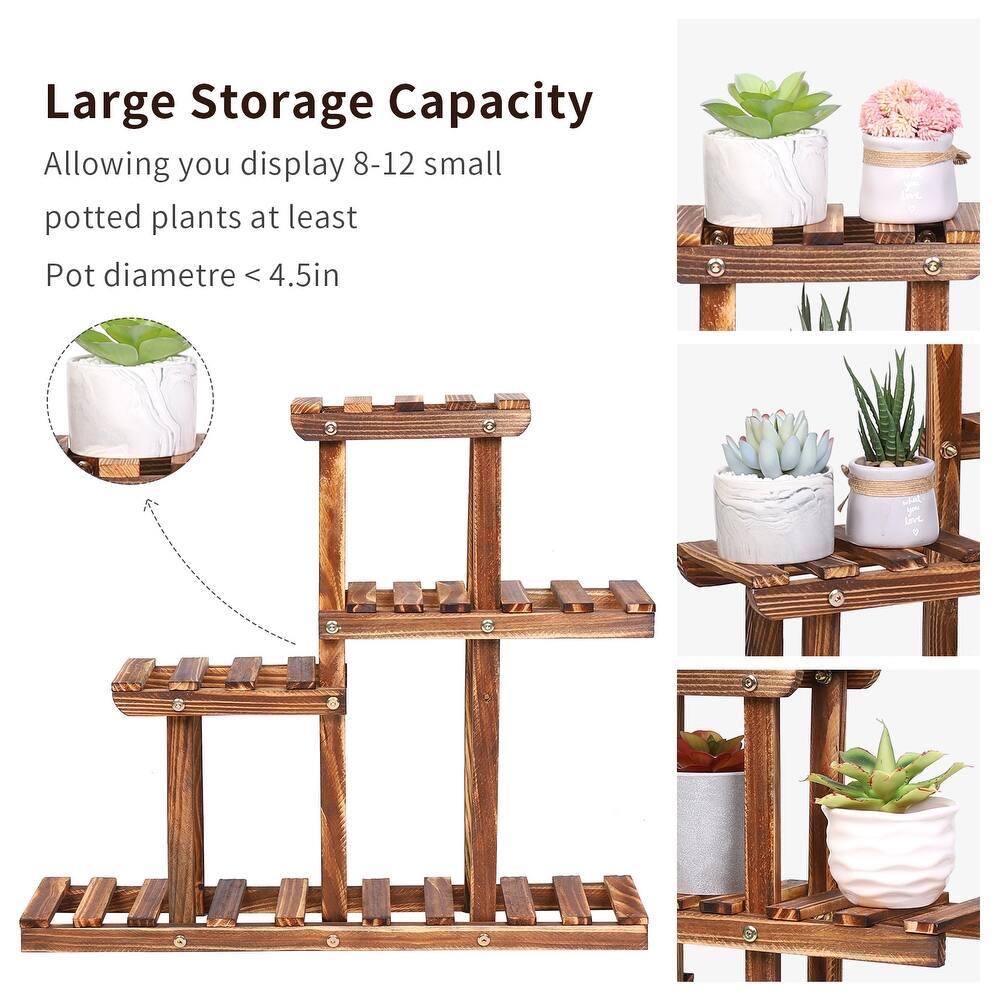 4 Tier Small Plant Stand Carbonized Wood Flower Rack Indoor Outdoor