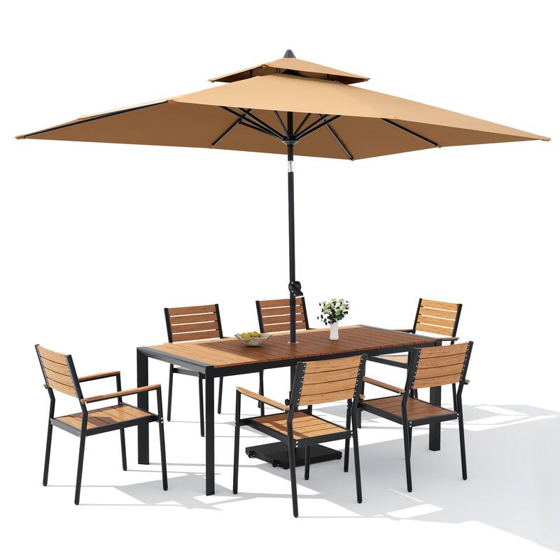 9-PCOutdoor Patio Dining Set Wood Like Aluminum Umbrella Hole Table with Stackable Armchairs, Market Umbrella and Wheel Base