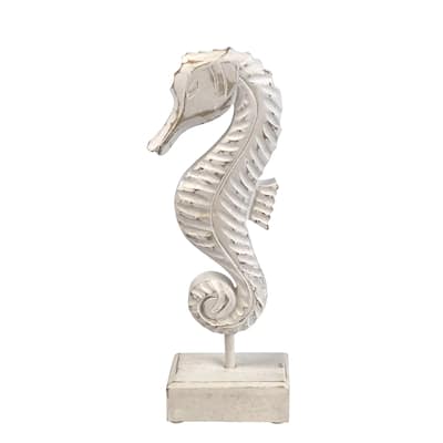 Small Whitewashed Seahorse On Stand Rustic Mango Home Decor Sign Beach Coastal Ocean Sea Life 11.25 x 2.37 x 1.75 Inches.