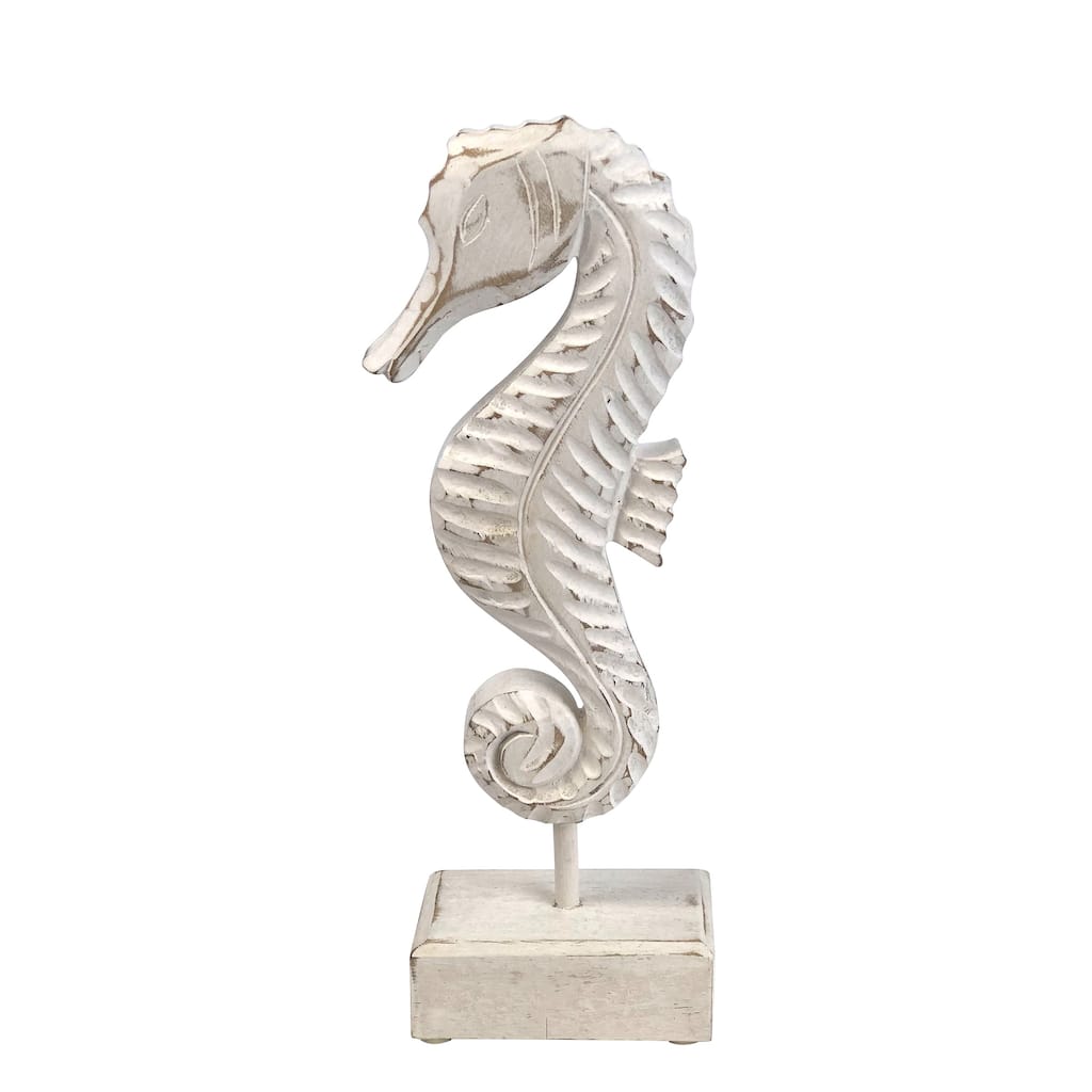 Small Whitewashed Seahorse On Stand Rustic Mango Home Decor Sign Beach Coastal Ocean Sea Life 11.25 x 2.37 x 1.75 Inches.