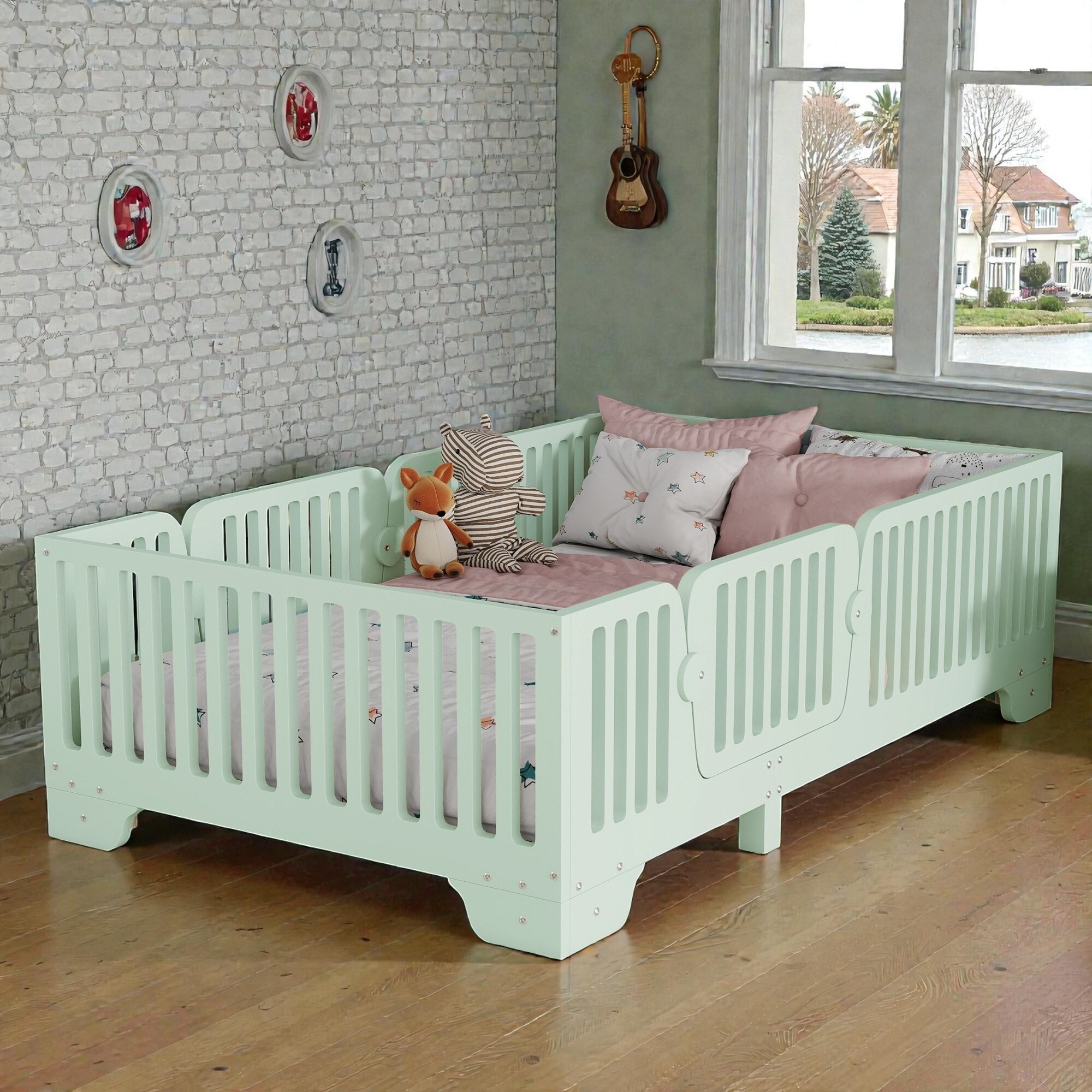 Montessori Floor Bed with Fence and Door, Kids Floor Bed Frame with Slats, No Box Spring Needed