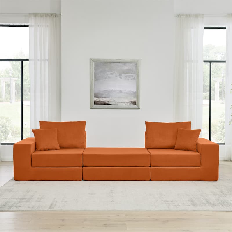 Folding Deep Seat Couch Modular L-shaped Sectional Sofa Corduroy Upholstered Sleeper Sofa Bed with Throw Pillows