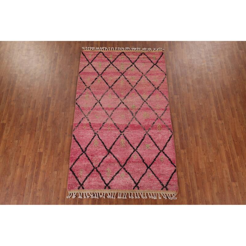 Pink Trellis Plush Moroccan Area Rug Handmade Wool Carpet - 5'3" x 8'10"