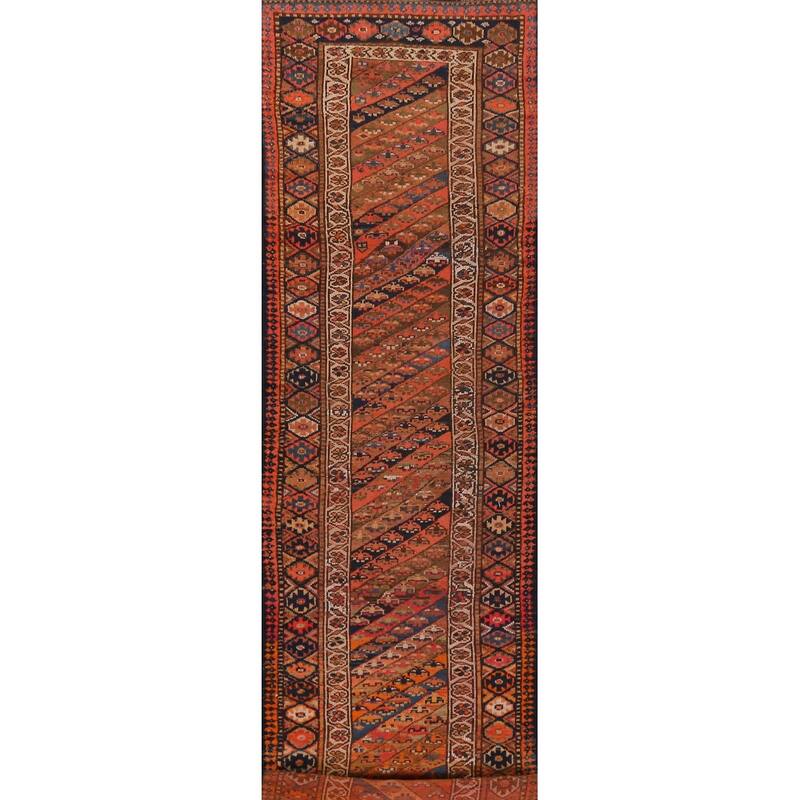 Hand Knotted Oriental 100% Wool Carpet Traditional Geometric Oranges & Rust Lori Runner Rug - 14' 9'' X 2' 10''