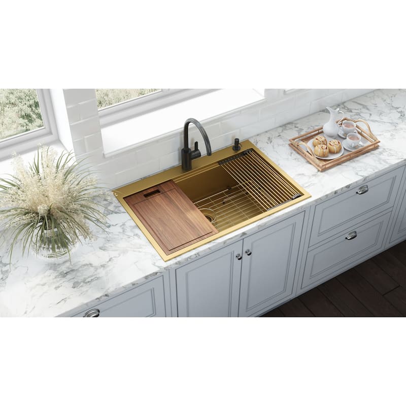 Ruvati 33 inch Polished Brass Matte Gold Workstation Drop-in Topmount Kitchen Sink Single Bowl - 33" x 22" - 33" x 22"