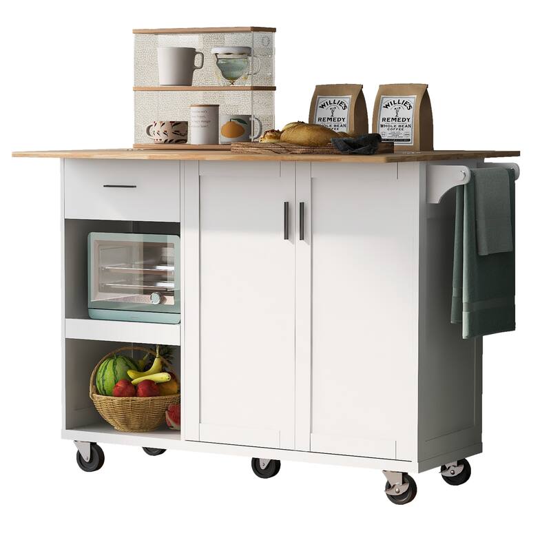 Space-Saving Kitchen Island with Foldable Countertop, Rolling Cart on Wheels, Towel Rack, Drawer & Slide-Out Shelf
