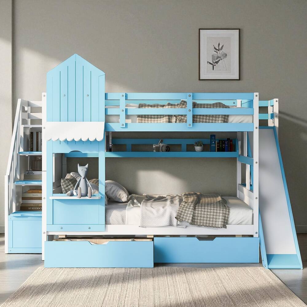 Castle Style Twin/Full Bunk Bed with Slide, 2 Drawers and 3 Shelves, Fence Design, Solid Wood Frame
