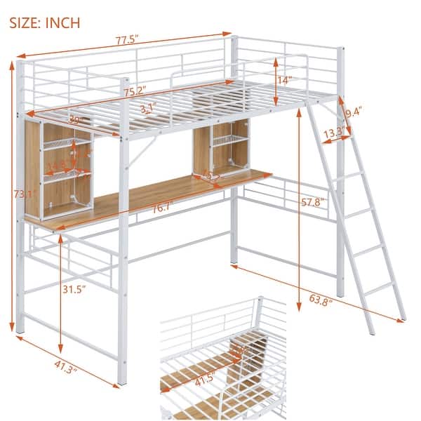 dimension image slide 0 of 4, Metal Loft Bed with Desk, Shelf and Ladder for Kids, Boys and Girls, Bedroom