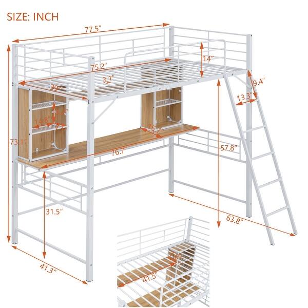 dimension image slide 3 of 4, Space-Saving Metal Loft Bed with Desk and Storage Shelves