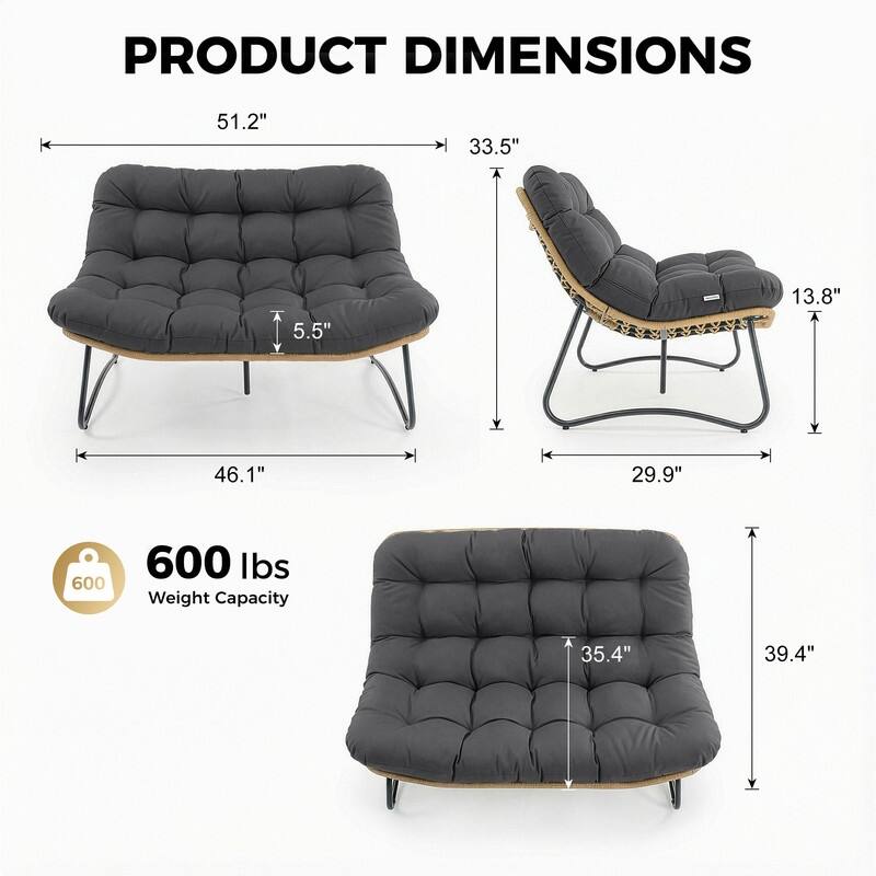 FINCATI 2-Person Outdoor/Indoor Wicker Lounge Egg Chair Loveseat, Oversized 51" Patio Club Chair with 5.5" Cushion