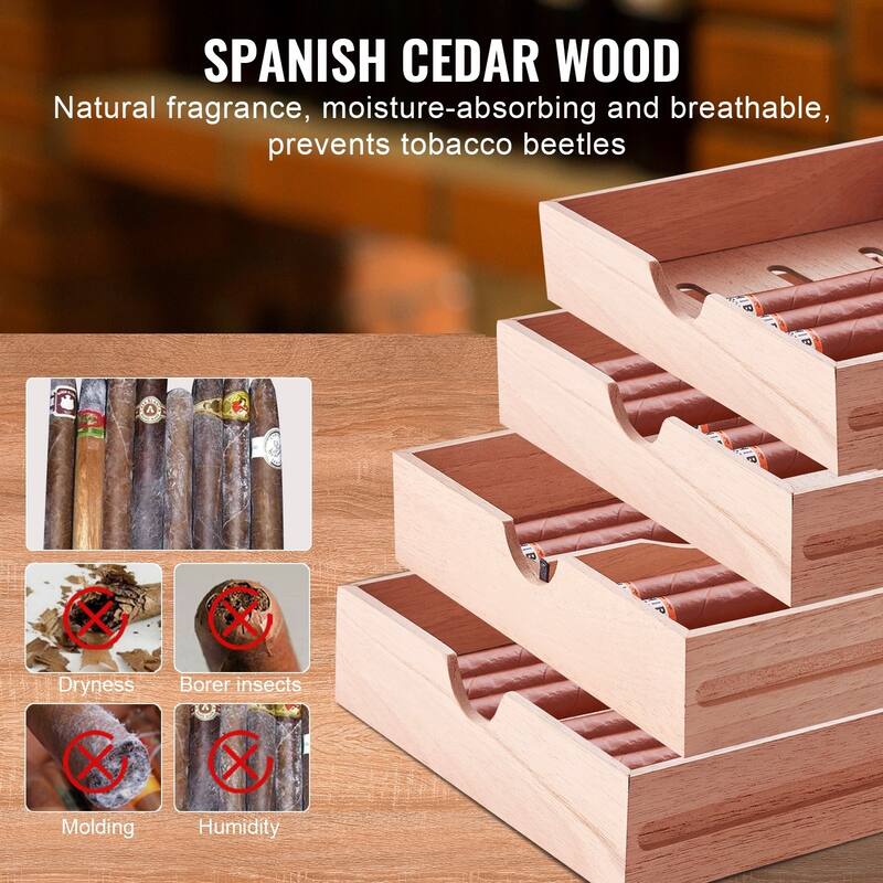 Cigar Humidor, Glass Top Cigar Humidor Box, Handmade Spanish Cedar Wood Cigar Desktop Box, Cigar Storage Case with Humidifier