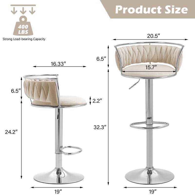 4 Set Velvet Adjustable Swivel Bar Stools With Backs