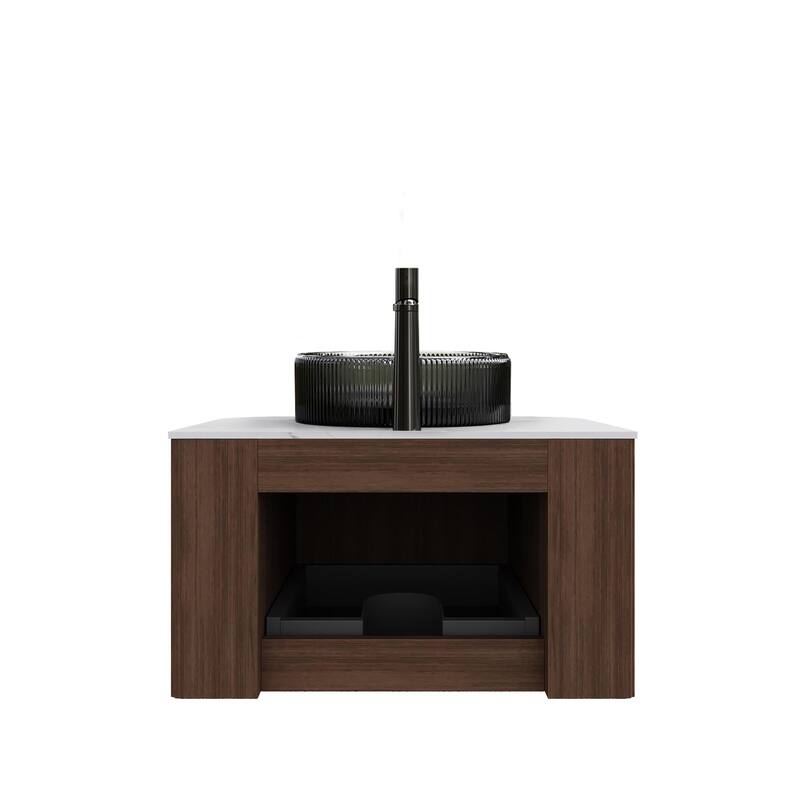 Wall Mounted Bathroom Vanity with Transparent Black Round Glass Basin