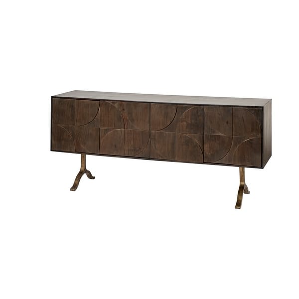 slide 2 of 9, Xanti Brown Solid Wood Frame w/ Gold Metal Legs 4 Door Cabinet Sideboard - 70.0L x 18.0W x 30.0H 70.0L x 18.0W x 30.0H - Brown