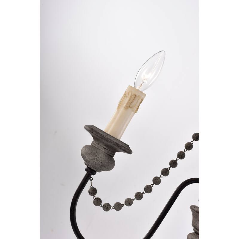 3-Light Slate Wood and Black Chandelier with Wooden Beads Hanging