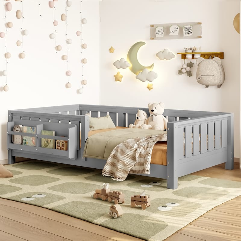 Low Profile Montessori Bed Floor Platform Bed with Fence and Bookshelf