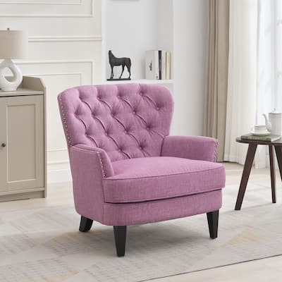 Vintage-Inspired Upholstered Lounge Chair with Nailhead Trim ,Solid Wood Legs for Stability and Curved Backrest for Comfort