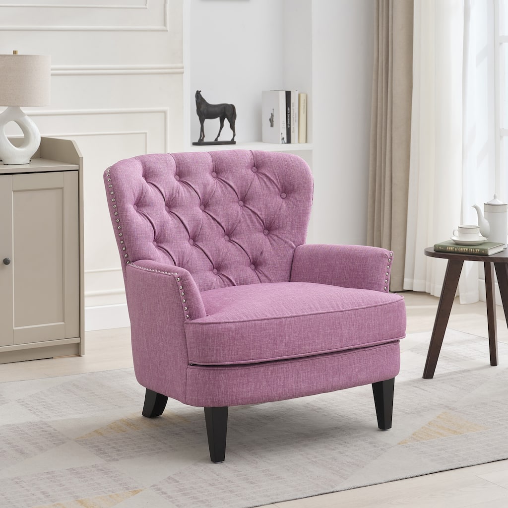 Vintage-Inspired Upholstered Lounge Chair with Nailhead Trim ,Solid Wood Legs for Stability and Curved Backrest for Comfort