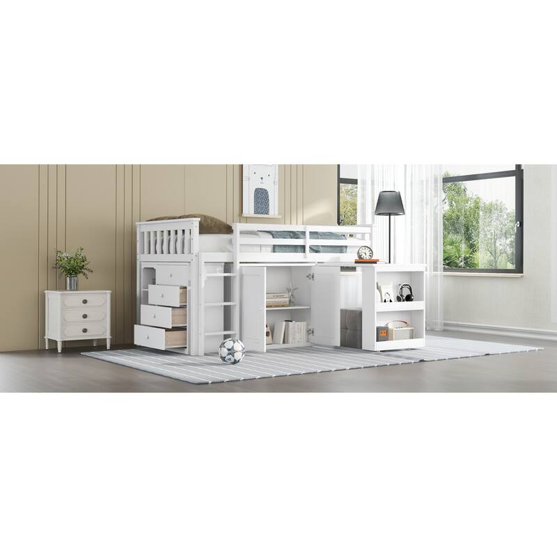 Roomfitters Twin Rubber Wood Loft Bed with Storage Cabinets, Pull-Out Desk, Safety Guardrail and Ladder