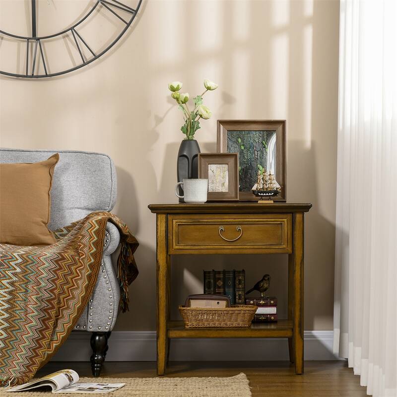 Side Table, Vintage End Table with Drawer and Open Shelf, Beside Table