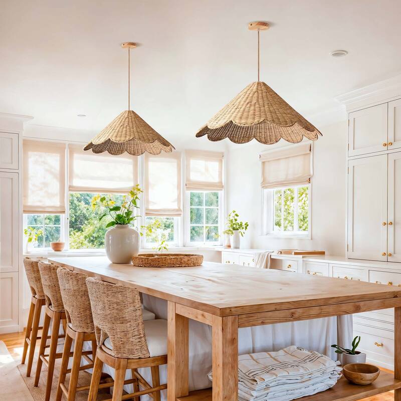 Daisy Rattan Pendant Light - Natural Large Cone 1-Light Handwoven Light Fixture For Modern, Coastal, Farmhouse, Boho Room Décor