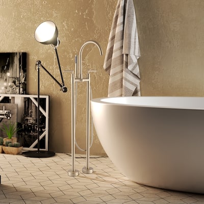 Modland Floor-mounted 46''H Bathtub Faucet Freestanding Tub Filler With Handheld Shower in Black/Gold