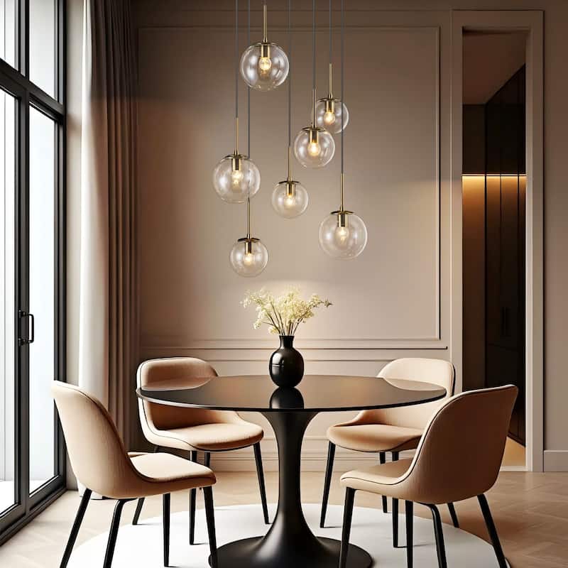 7-Light Modern Linear Cluster Gold Clear Glass Globe Bubble Chandelier Light for Stairways - 23.62 in. W x 47.24 in. H