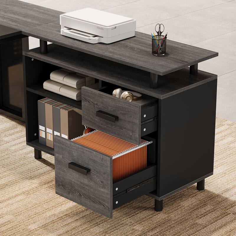 63-Inch L-Shaped Executive Desk with Storage Shelves