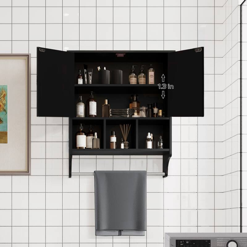 Anmytek Wall Mounted Storage Cabinet Black Modern Kitchen Bathroom Organizer with Hanging Bar