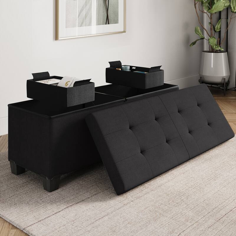 Empyrean Tuffted Folding Foot Rest Storage Ottoman Bench with Storage Bins - 43 Inch - Black Fabric