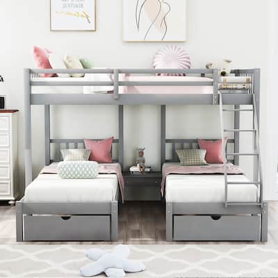 Multi-functional Wood Triple Bunk Bed with Drawers and Guardrails