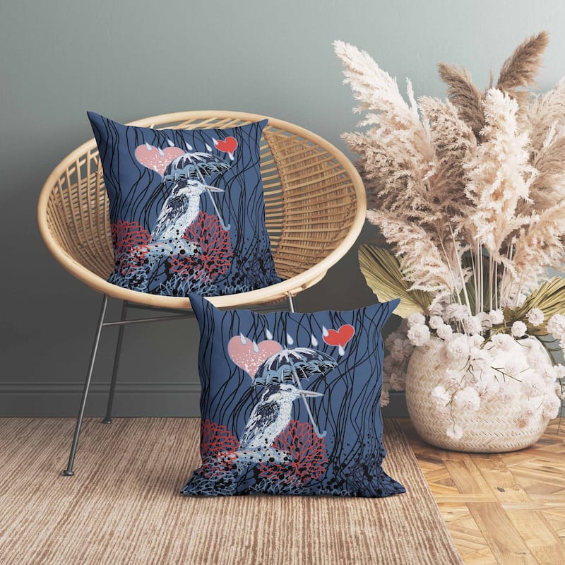 Bird with Umbrella Indoor/Outdoor Reversible Throw Pillow Blue and Red