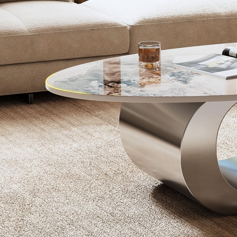 49.2" Faux Marble Oval Coffee Table, Contemporary Stainless Steel Base, Modern Center Table for Living Room