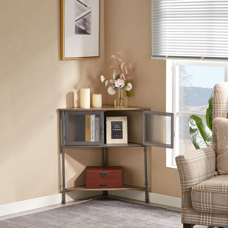VECELO 3-Tier Corner Shelf with Storage Cabinet and Doors, Metal Frame Corner Cabinet