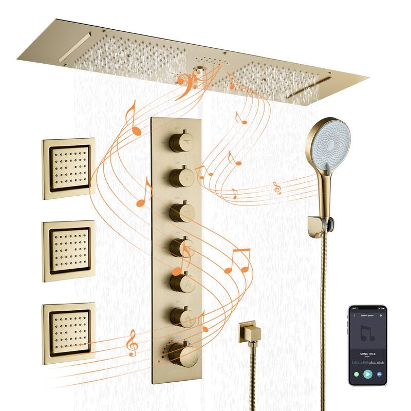 8-Spray 35 in. x 12 in. Ceiling Mount Fixed and Handheld Dual Shower Head 2.5 GPM with Bluetooth Music and 3-Body Jets - Brushed Gold