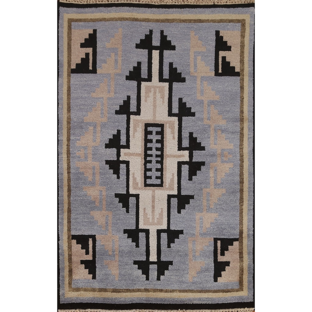 Hand Knotted Oriental 100% Wool Carpet Tribal Navy Blue & Blues Area Rug - 5' 10'' X 4' 0''
