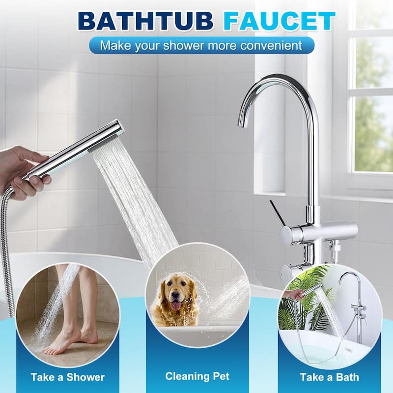 WOWOW Double Handle Freestanding Tub Faucet with Handheld Shower
