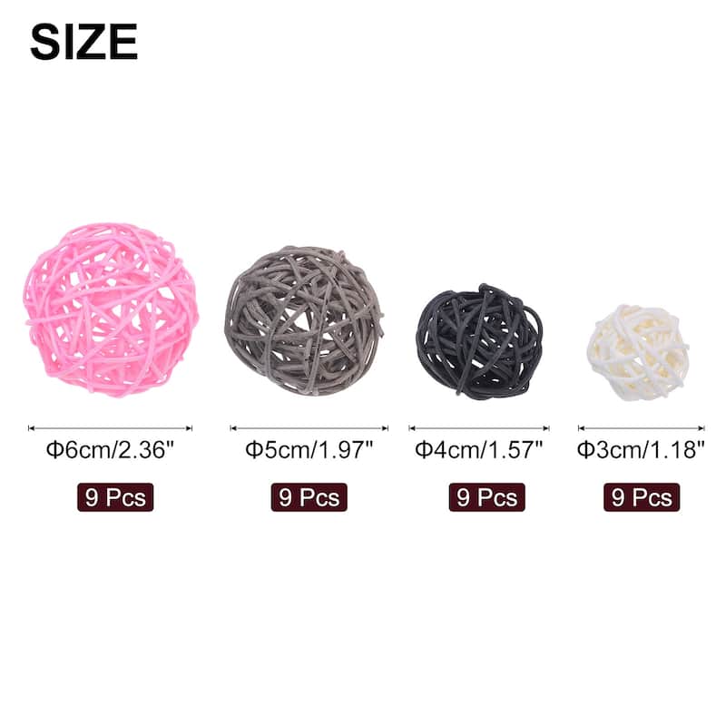 36 Pcs Vase Filler Decorative Balls, 2.4/2/1.6/1.2" Wicker Rattan Decor, Balls Bowl Fillers - Light Pink/Gray/Dark Gray/White